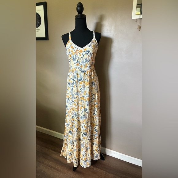 Joie Dresses & Skirts - JOIE Floral cotton tiered Maxi Dress yellow & gray boho coastal cowgirl Sz 6 EUC